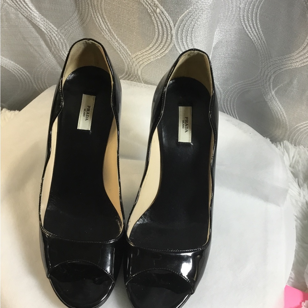 Prada Black Patent Peep-Toe Heels - Picture 7 of 7